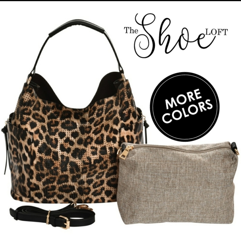 Leopard Perforated Handbag and Crossbody Set